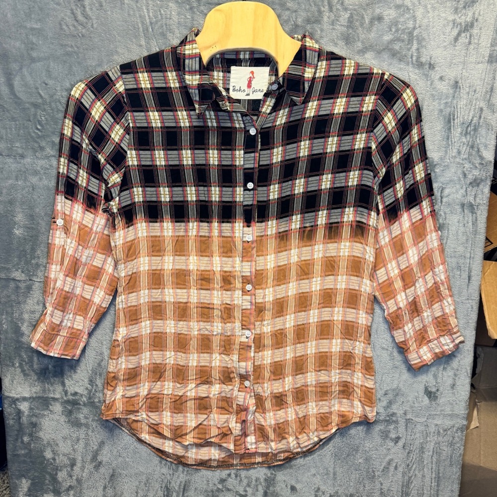 2088 | Boho Jane Rock On Bleached Plaid Record Patch Grunge Flannel Shirt Small